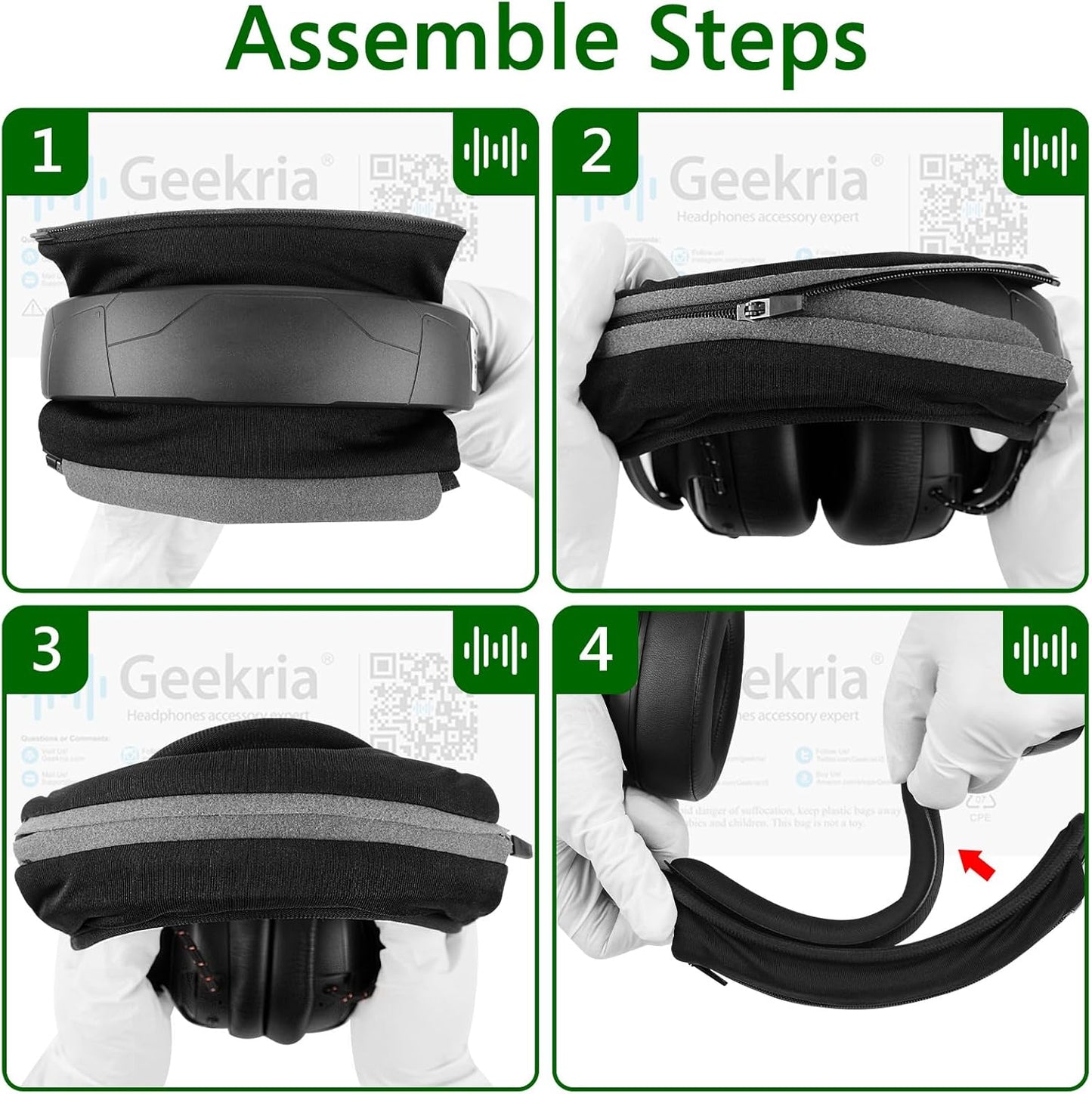 Geekria Hook and Loop Headband Cover + Pad Set, Protector with Zipper Closure Compatible with Medium Sized Headphones, Easy DIY Installation (Protein Leather/Black)
