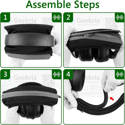 Geekria Hook and Loop Headband Cover + Pad Set, Protector with Zipper Closure Compatible with Medium Sized Headphones, Easy DIY Installation (Protein Leather/Black)
