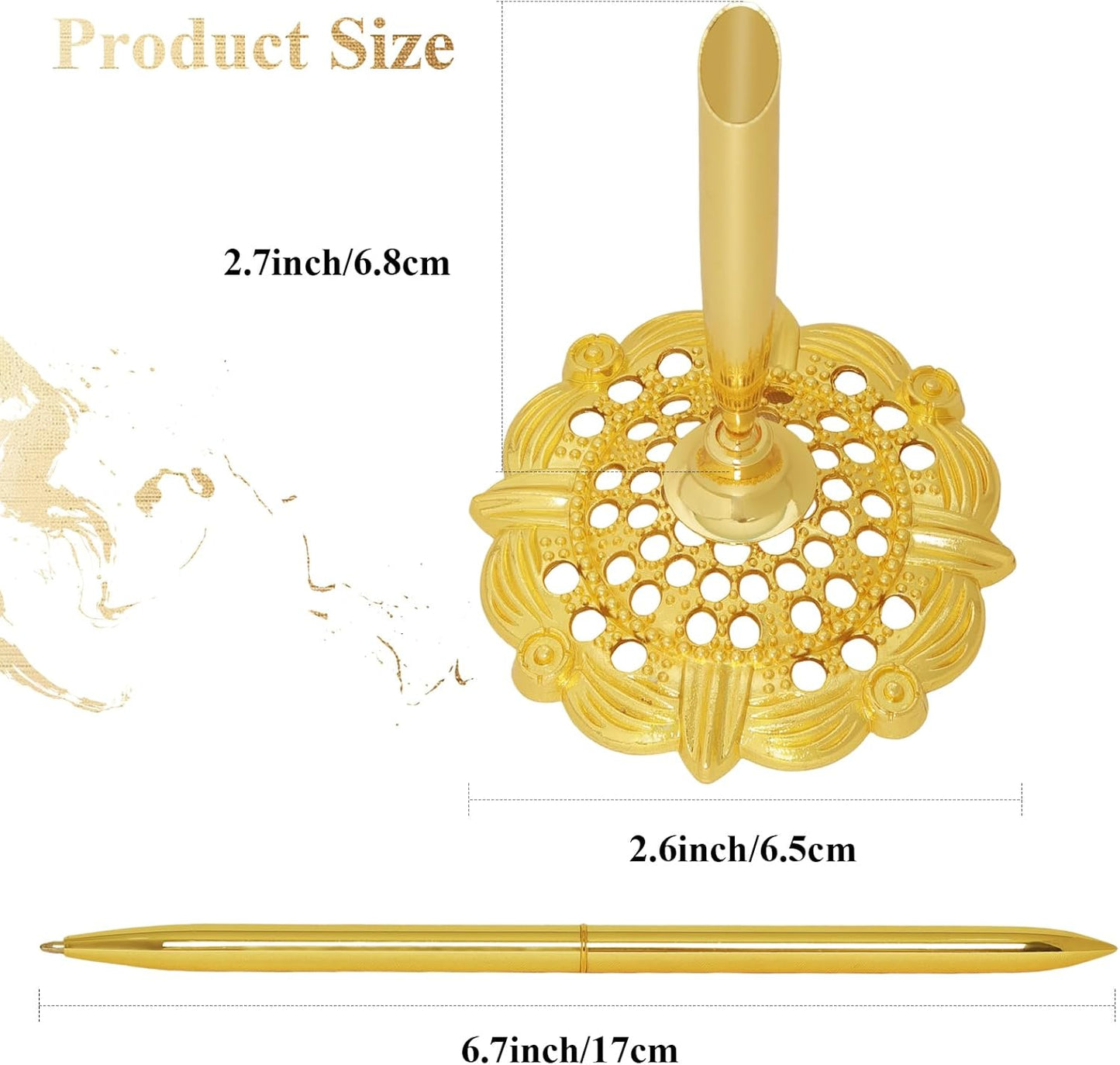 Bcxfbxd 2 Pcs Hollow Round Pen Holder Metal Pen Stand Holder Set Signing Pen Set Signing Desk Ballpoint Pens for Guest Book Wedding Birthday Party Graduation Teacher Office Business (Gold)
