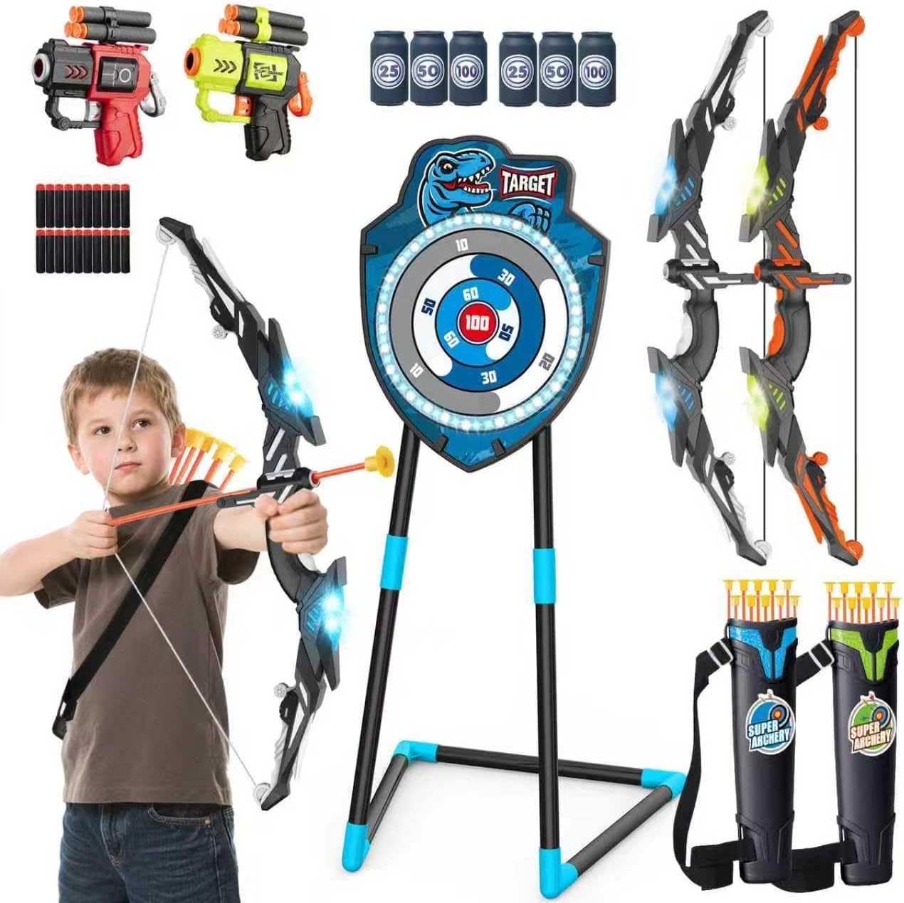 LED Archery Set for Kids Ages 4–12 with Bow and Arrows, Light-Up Standing Target, Indoor Outdoor Sports Toy for Boys and Girls - PuriLite