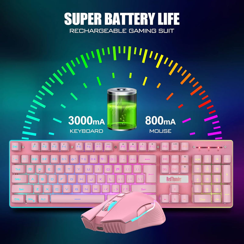 RedThunder K10 Wireless Gaming Keyboard and Mouse Combo, LED Backlit Rechargeable 3800mAh Battery, Mechanical Feel Anti-ghosting Keyboard + 7D 3200DPI Mice for PC Gamer (Black)