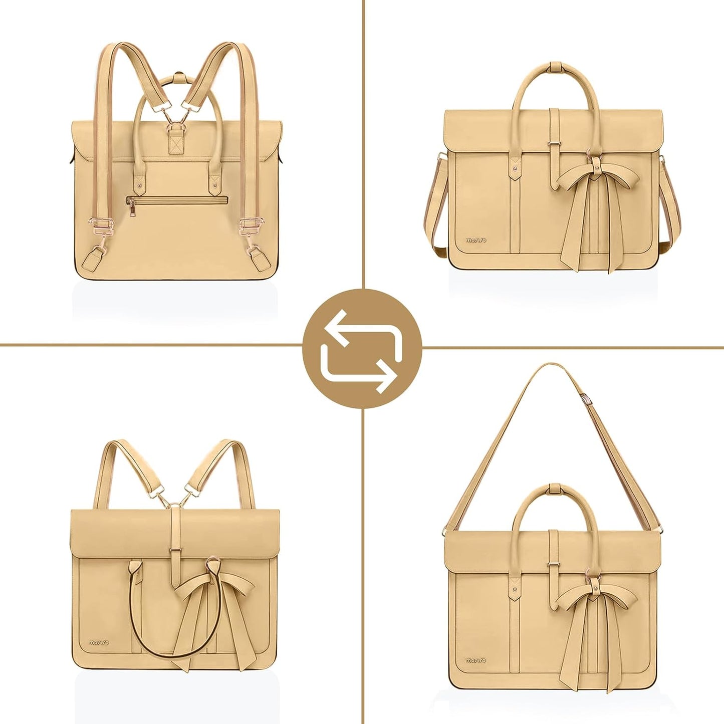 MOSISO Laptop Bag for Women, PU Leather Laptop Shoulder Bag Convertible Backpack, Work Travel Computer Bag with Bowknot - PuriLite