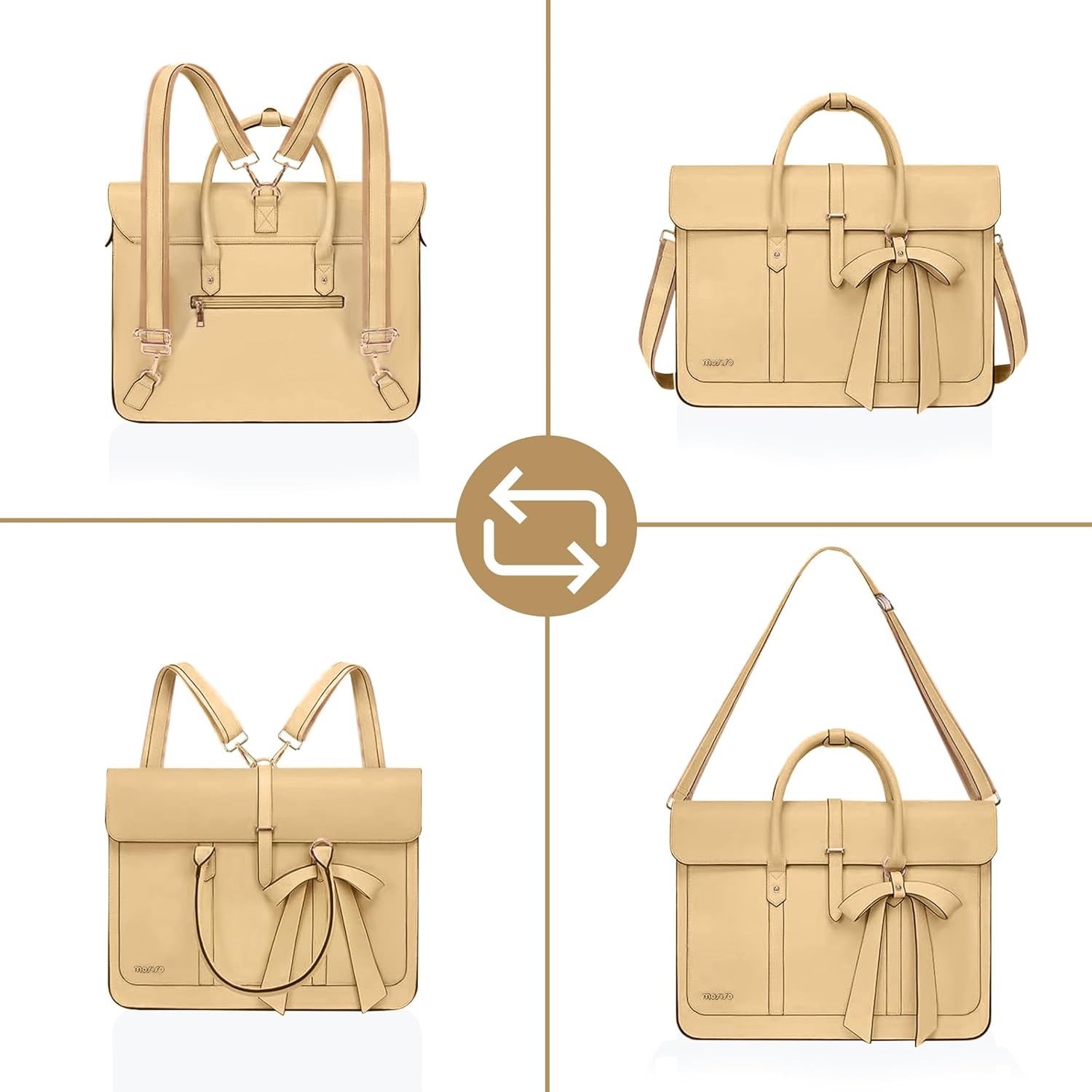 MOSISO Laptop Bag for Women, PU Leather Laptop Shoulder Bag Convertible Backpack, Work Travel Computer Bag with Bowknot - PuriLite
