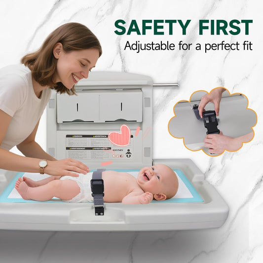 anydry Baby Changing Station Wall-Mounted, Foldable Diaper Changing Table Heavy-Duty Design with Safety Straps for Commercial Bathroom, in Elegant Grayish White