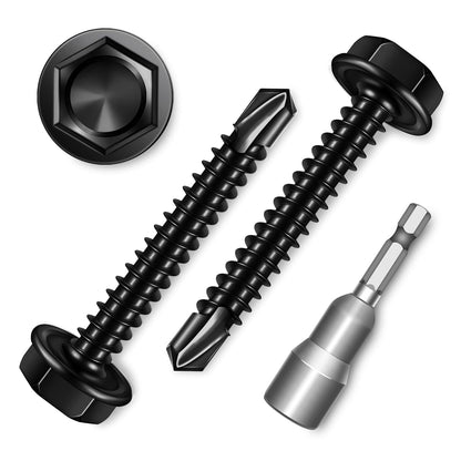 EASTPUK 100Pcs #8 x 1/2" Sheet Metal Screws, 410 Stainless Steel Self Drilling Hex Washer Head Self Tapping Screws for Metal with Drill Bit