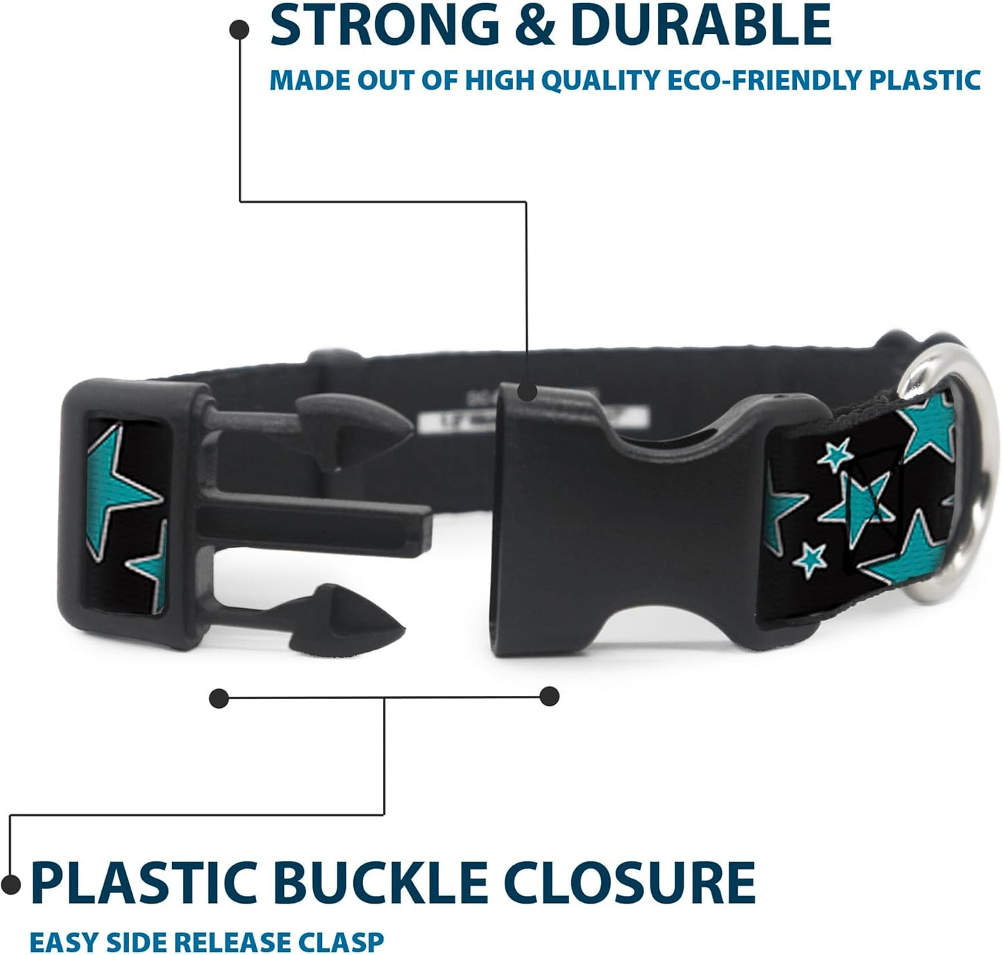 Buckle-Down PC-W21909-M Dog Collar Plastic Clip Buckle, 1"x11"-17", Star Black/White