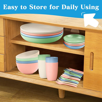 Wrova wheat straw bowls,plates,cups and cutlery sets 28 pcs - Reusable plastic dinnerware sets microwave safe and dishwasher safe - Ideal dish sets for kitchen, camping, indoors and out doors.Nordic