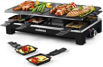 Raclette Table Grill, CUSIMAX Electric Indoor Grill, Portable Korean BBQ Grill with 2 in 1 Reversible Non-stick Plate& Natural Grill Stone, 1500W Electric Party Grill, 8 Raclette Pans& Wooden Spatulas