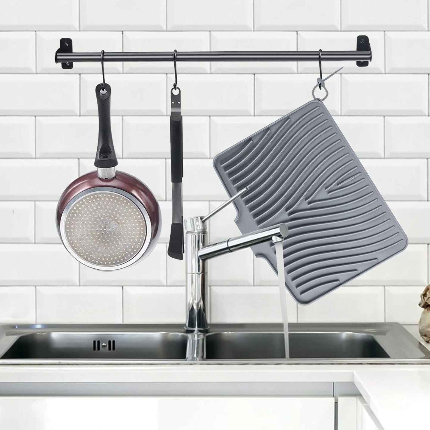 TIKNIK Silicone Dish Drying Mat for Kitchen Counter, Dish Drying Pad, Non-Slip Drain Pad with Built-in Drain, Heat Resistant Stone Drying Mat(40 L x 33 W cm, Grey)