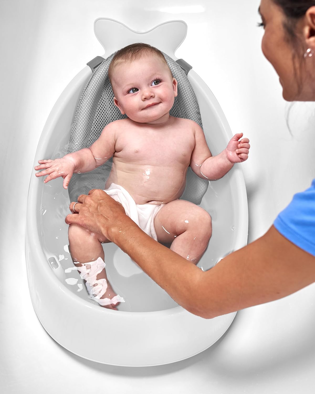 Skip Hop Baby Bath Tub, 3-Stage Smart Sling Tub, Moby, White - PuriLite