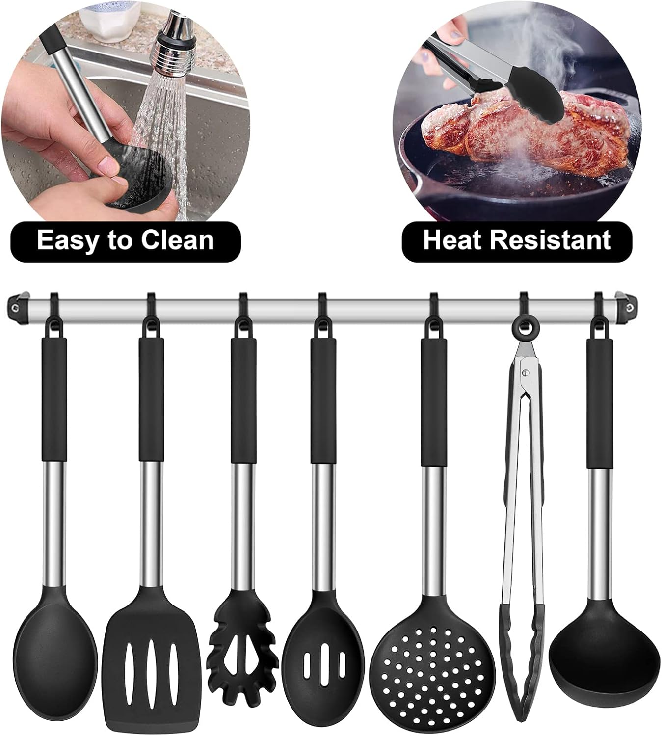 Silicone Cooking Utensils Set | Heat Resistant Kitchen Tools | Non Stick Cookware Utensils | Stainless Steel Handle Utensils | 7 Piece Cooking Set - PuriLite