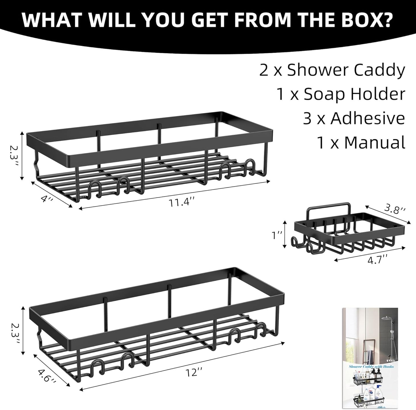 MOFOROCO 3-Pack Shower Caddy Basket Shelf with Soap Holder, No Drilling Traceless Adhesive Shower Wall Shelves, Rustproof Black Bathroom Shower Storage Organizer…