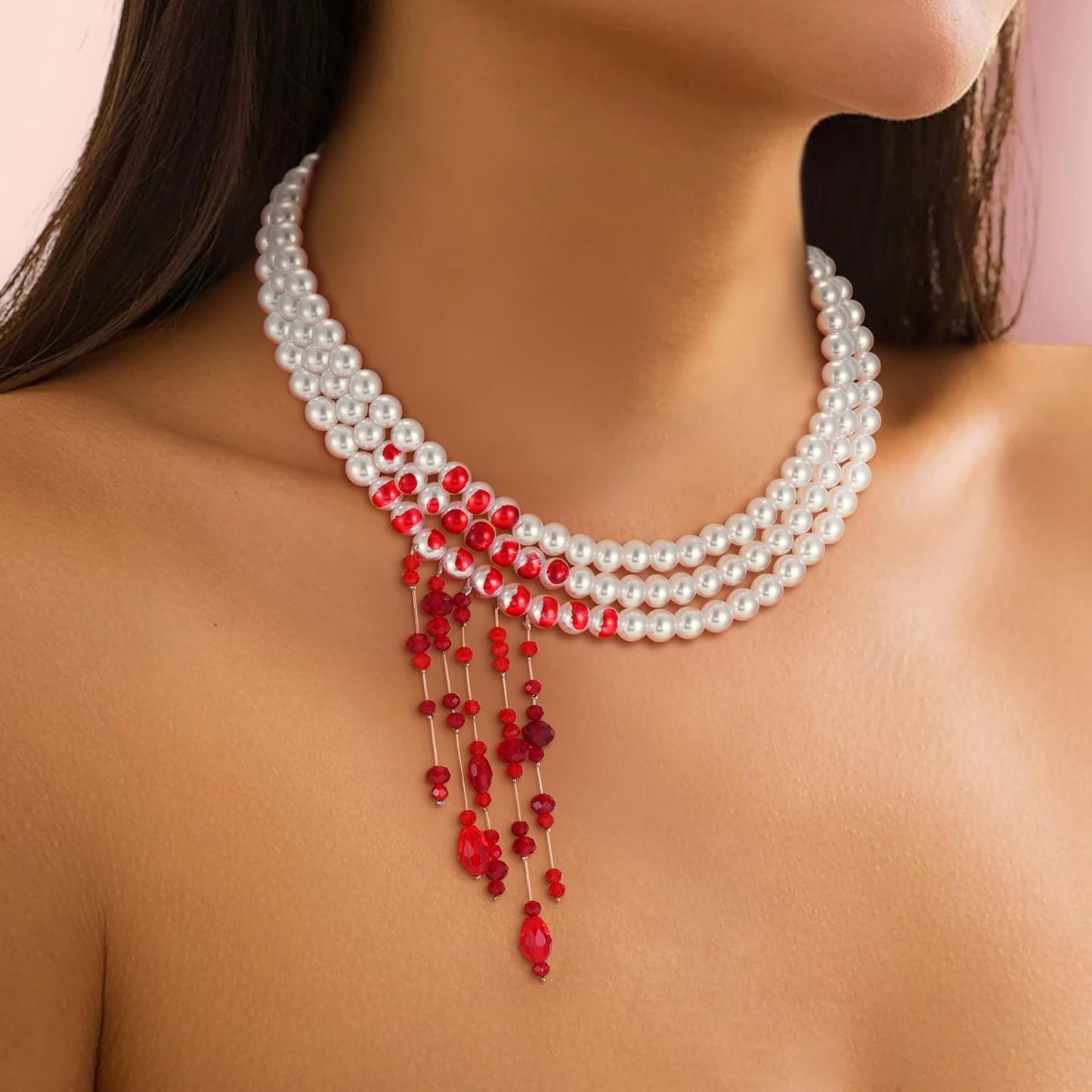 C-leen Halloween Dripping Blood Pearl Choker Necklace - Vampire Necklace for Women, Spooky Gothic Layered Vampire Accessories Women for Halloween Costume Cosplay Party