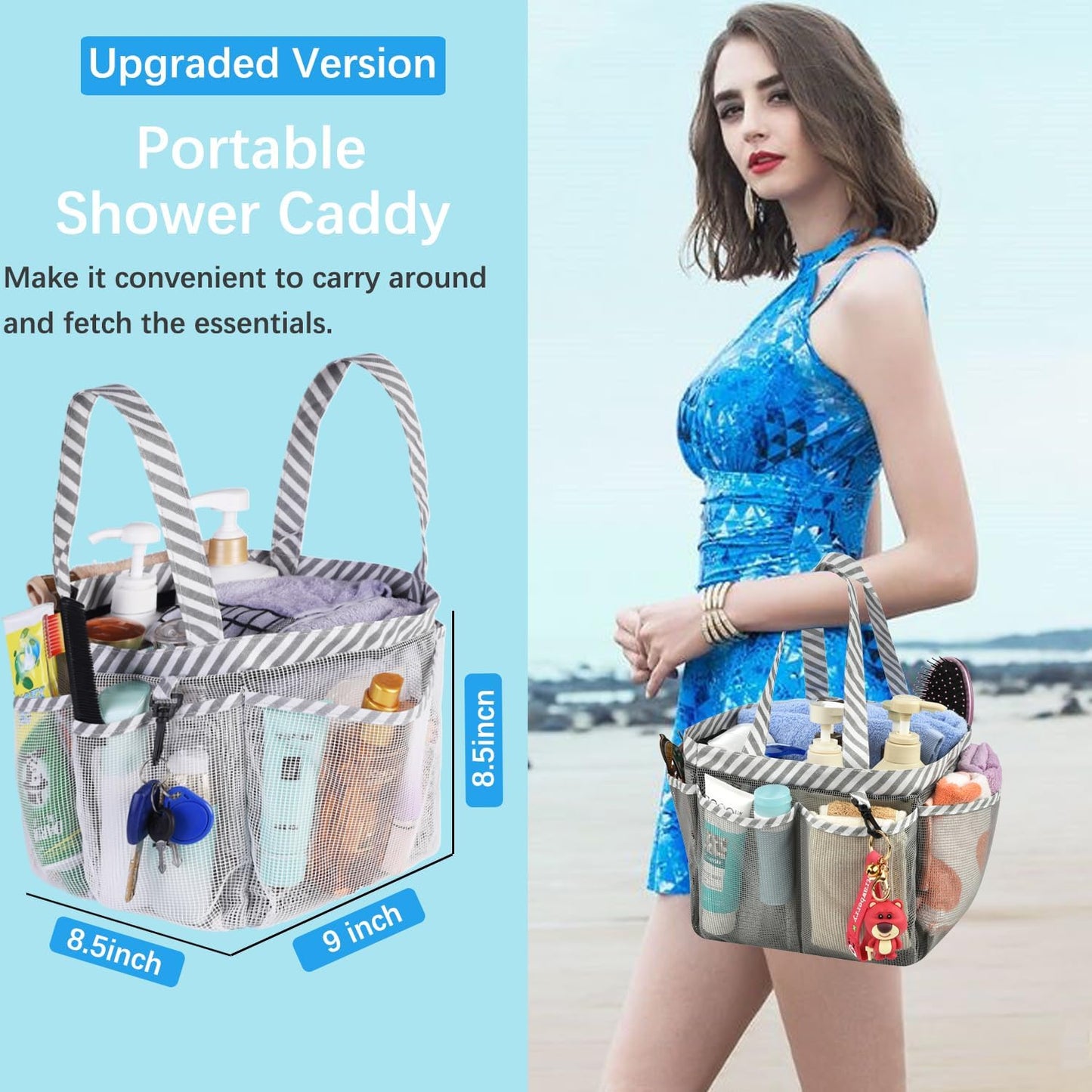 Mesh Shower Caddy Tote, Large College Dorm Bathroom Caddy Organizer with Key Hook and 2 Oxford Handles, Quick Hold, 8 Basket Pockets for Camp Gym
