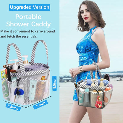 Mesh Shower Caddy Tote, Large College Dorm Bathroom Caddy Organizer with Key Hook and 2 Oxford Handles, Quick Hold, 8 Basket Pockets for Camp Gym