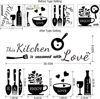 Rotumaty Kitchen Quote Wall Stickers Kitchen Seasoned with Love Wall Decals Wall Art Kitchen Utensil Decorations Wall Decor for Dining Room Home Office School Coffee Shop