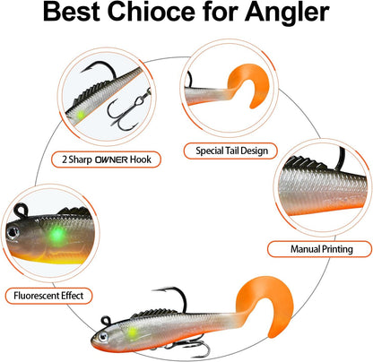 TRUSCEND Easy Catch Pre-Rigged Soft Lures, Unique Vibrating Swim Action and Trembly Sinking Move for More Bites, Amazing Soft Swimbait for Family Fishing, Fishing Lures for Bass Trout Crappie Walleye