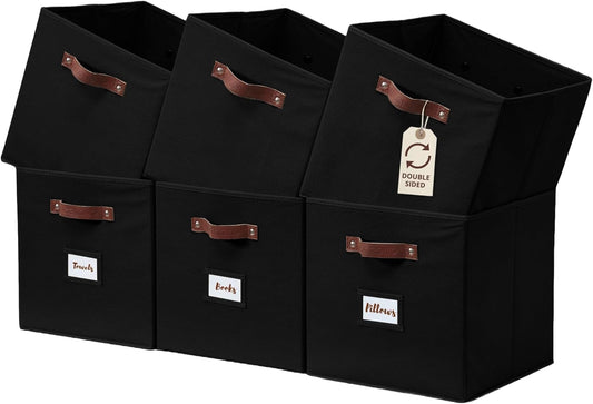DECOMOMO Cube Storage Bin, Storage Cubes with Labels, Baskets for Shelves Kallax Linen Closet Organizers (Cube 10.5x11"/ 6pcs, Black) - PuriLite