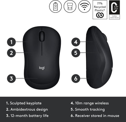 Logitech M185 Wireless Mouse, 2.4GHz with USB Mini Receiver, 12-Month Battery Life, 1000 DPI Optical Tracking, Ambidextrous, Compatible with PC, Mac, Laptop - Black