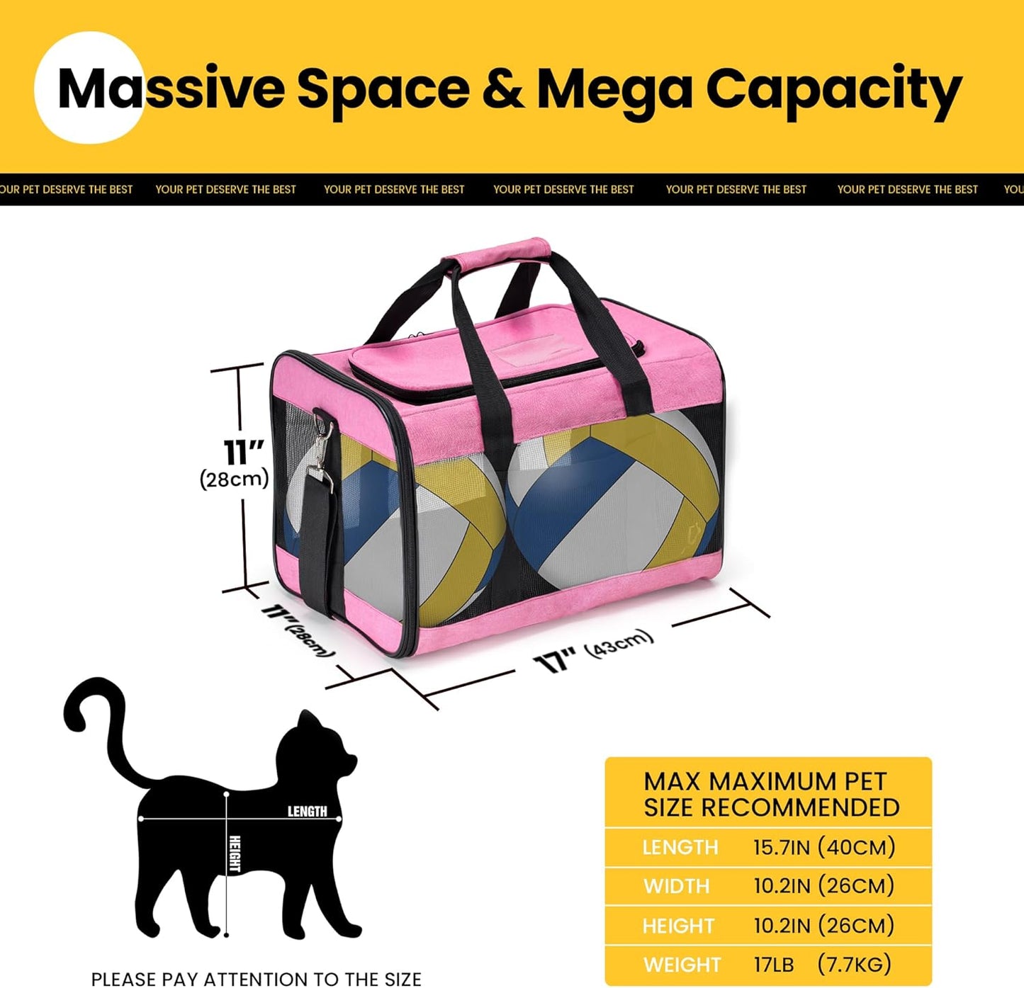 Conlun Cat Carrier Airline Approved, Soft-Sided Dog Carrier with Inner Safety Leash, Pet Transport Carrier for Small-Medium Cats Puppies up to 15 Lbs, Collapsible Travel Kitten Carrier Bag -Black M