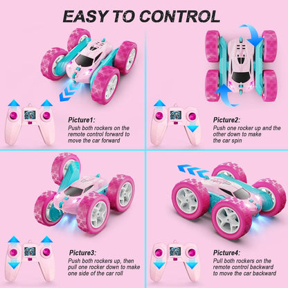 QUNREDA Remote Control Car for Kids Ages 6+, RC Cars Stunt Car Toy 4WD Double Sided 360° Rotating Remote Control with Headlights, Birthday Xmas Gifts for Boys 6 7 8 9 10 11 12 1-Blue