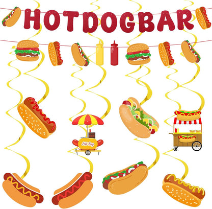 10Pcs Hot Dog Party Decorations - Hot Dog Bar Supplies Include 2 Hotdog Banners and 8 Swirl Decorations Hanging for Birthday Party, Hot Dog Food Party Decor Supplies Gold Red