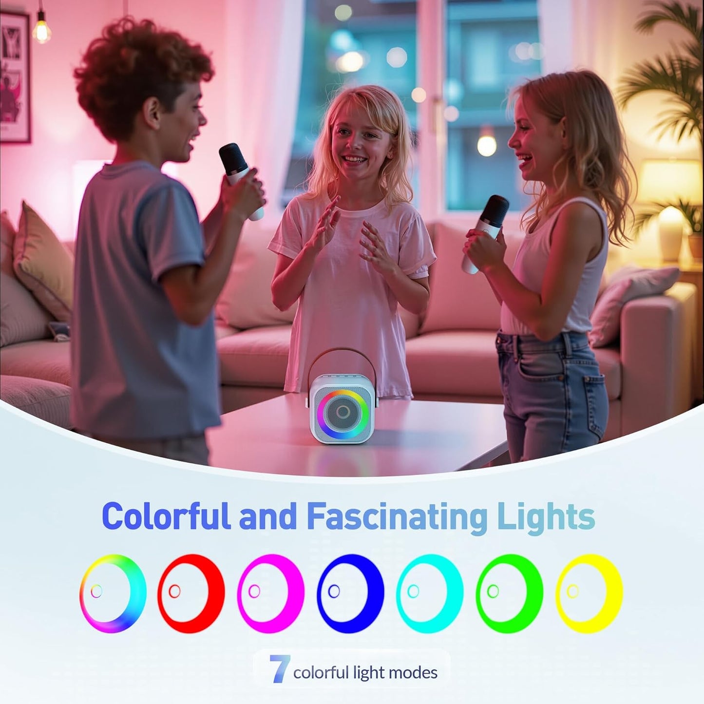 Mini Karaoke Machine, Portable Bluetooth Karaoke Speaker with 2 Wireless Microphones and Party Lights for Kids and Adults, Birthday Gifts for Girls Boys Family Home Party (Blue)