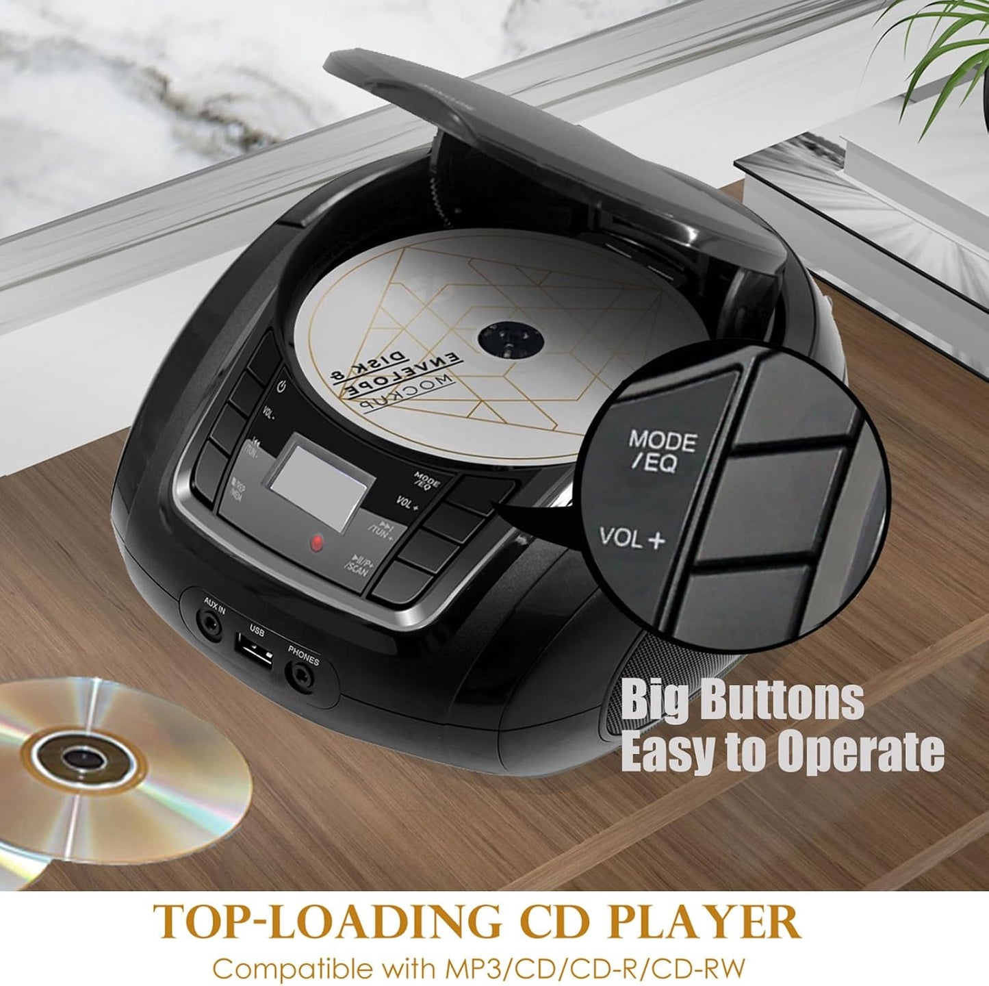 LONPOO Portable CD Player | Stereo Bluetooth Boombox | FM Radio Turn Knob | Auto Lid Open Button | Big LCD Display | Concealed Ports of USB/AUX/Earphone | Rear Power Protection Button (LP-D12)