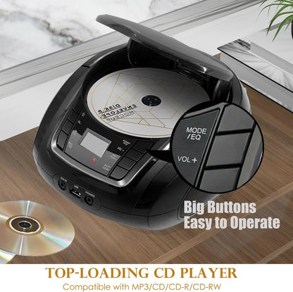 LONPOO Portable CD Player | Stereo Bluetooth Boombox | FM Radio Turn Knob | Auto Lid Open Button | Big LCD Display | Concealed Ports of USB/AUX/Earphone | Rear Power Protection Button (LP-D12)