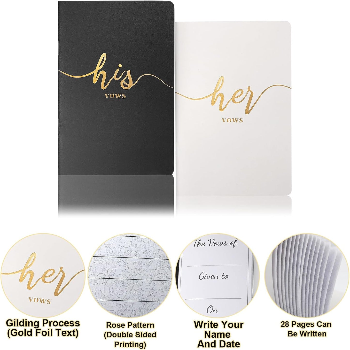 Vekola Vow Books for Wedding His and Hers Elegant Gold Foil Set of 2 Wedding Notebook with 28 Pages (Navy Blue+White)