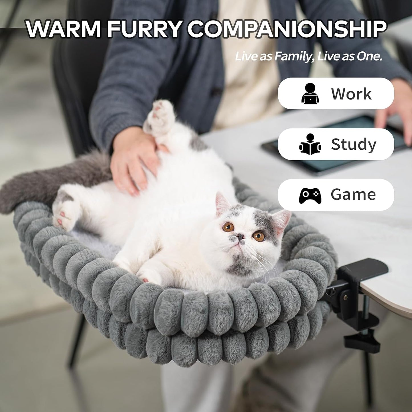 CHEERPALS Cat Desk Bed with Reversible Cushion, 90°Foldable Cat Hammock for Desk Mounted, Suitable for Medium-to-Large Cats and Puppy, Clowd Series(Grey, Medium)