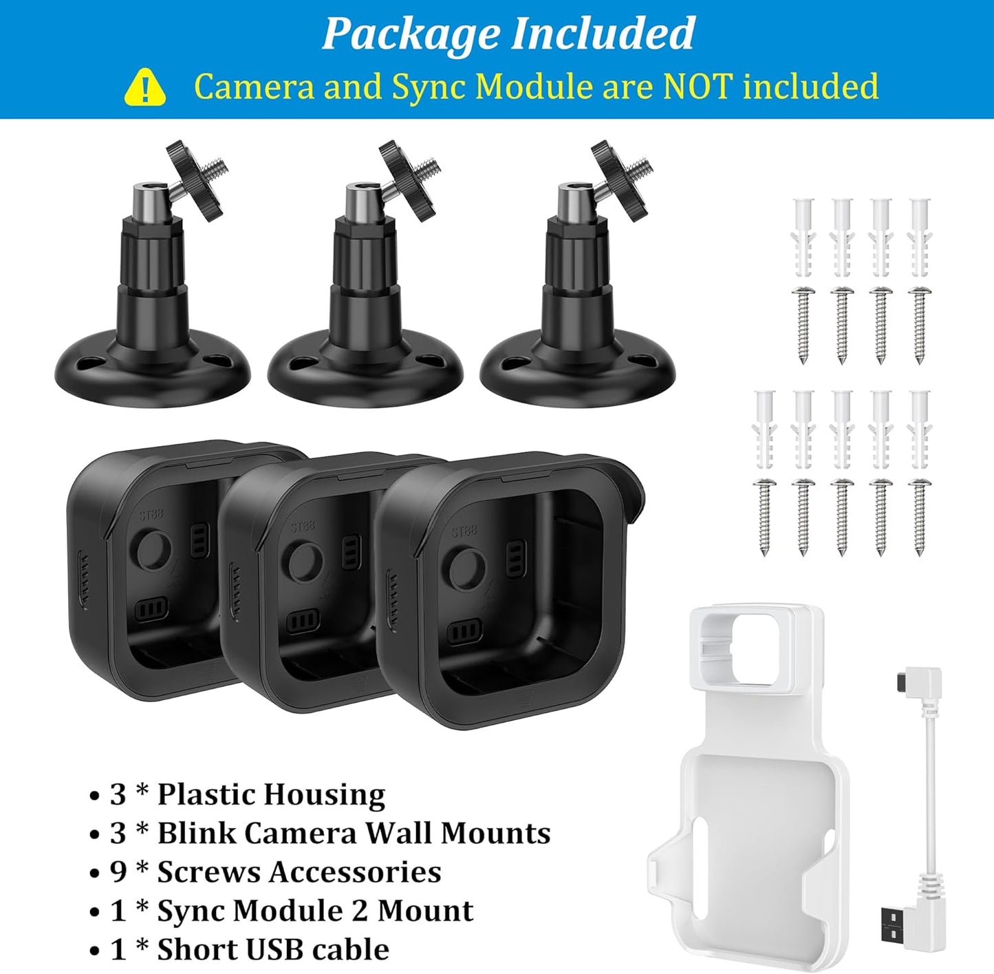 PlusAcc Outdoor Camera Mount for Blink Outdoor 4 (4th Gen) & 3rd Gen Camera, 3 Pack 360° Adjustable Wall Mount Bracket with Sync Module 2 Mount for Blink Camera System (Black, Cameras Not Included)