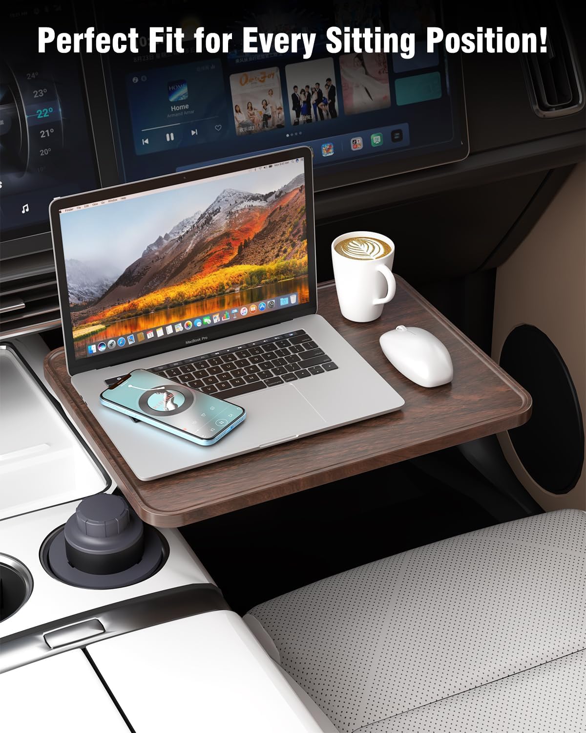 Car Desk & Cup Holder Tray | 360° Rotating Wooden Car Table for Laptop, Meals & Travel