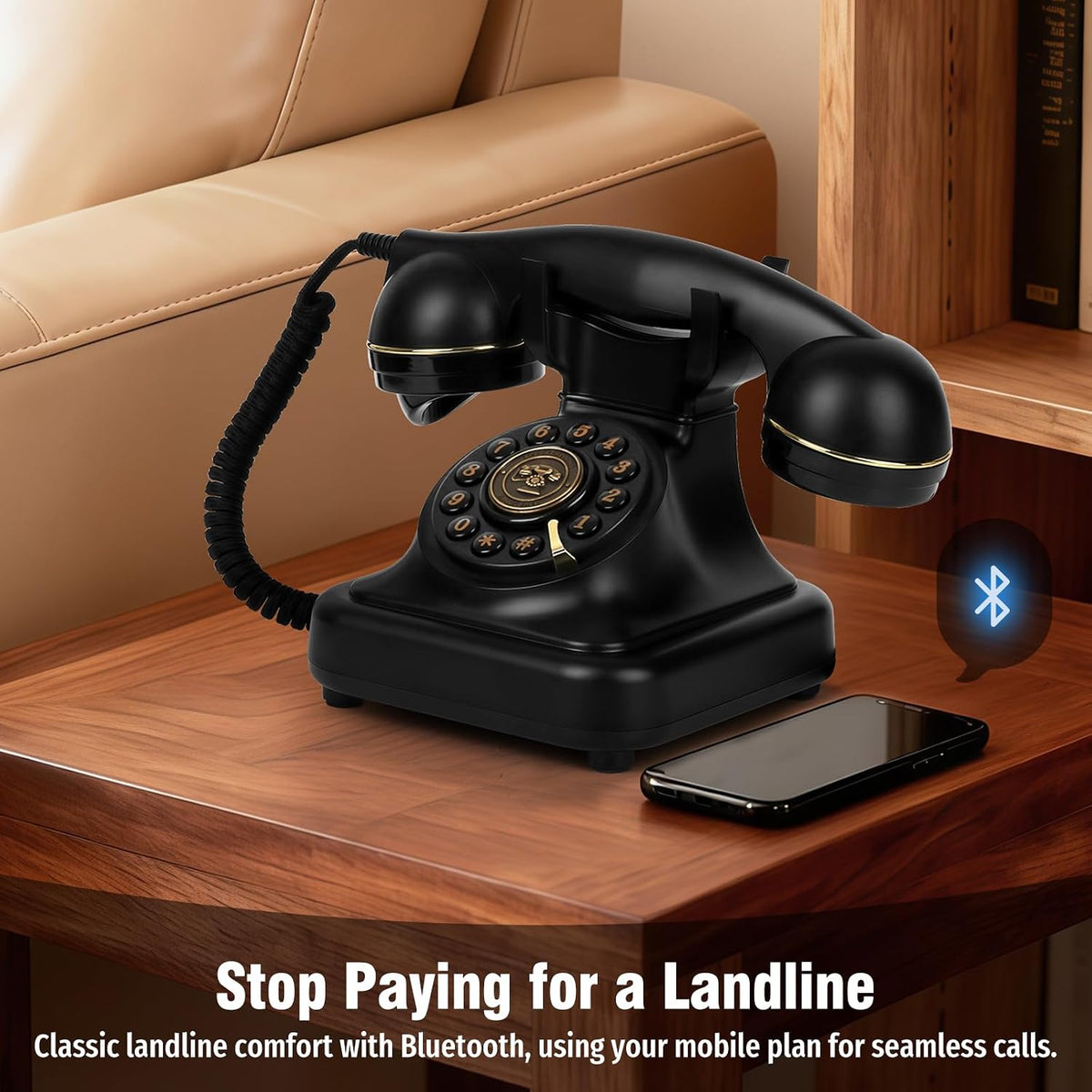 Retro Bluetooth Landline Phone with Voice Assistant, Compatible with Android & iOS, Wireless Home Telephone with Volume Control, USB Rechargeable, Black