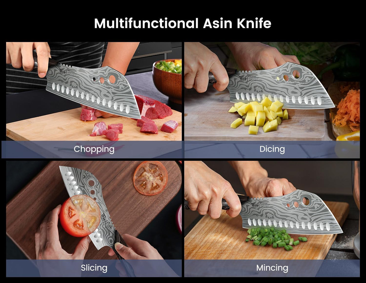 SYOKAMI Meat Cleaver Chef Knife, 7.7 Inch Multifunction Butcher Knife with Herb Stripper and Sheath, Chinese Cleaver Heavy Duty Bone Chopper, Meat Cutting, Damascus Pattern Full Tang Wood Handle