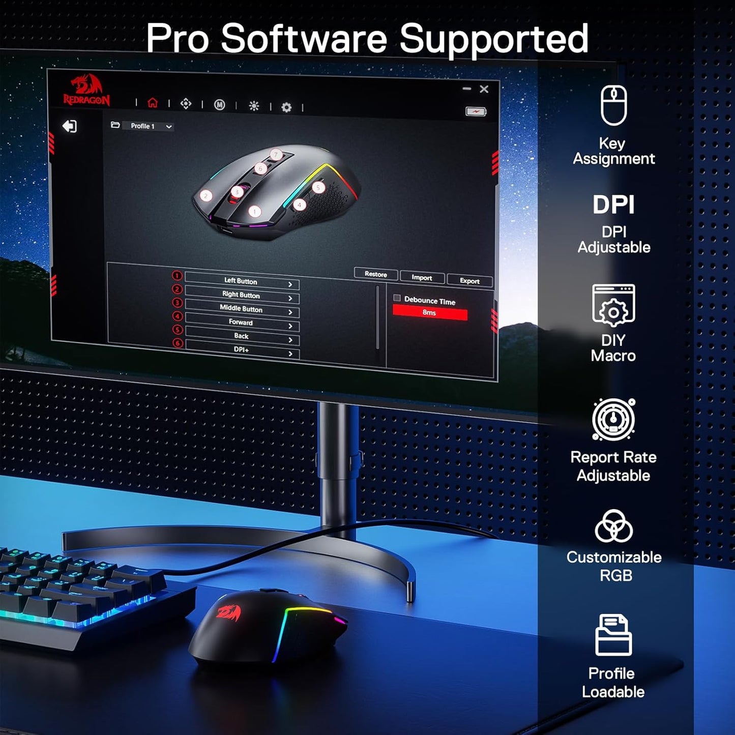 Redragon M693 Wireless Gaming Mouse, 8000 DPI Wired/Wireless Mouse w/ 3-Mode Connection, BT & 2.4G Wireless, 7 Macro Buttons, Durable Power Capacity for PC/Mac/Laptop