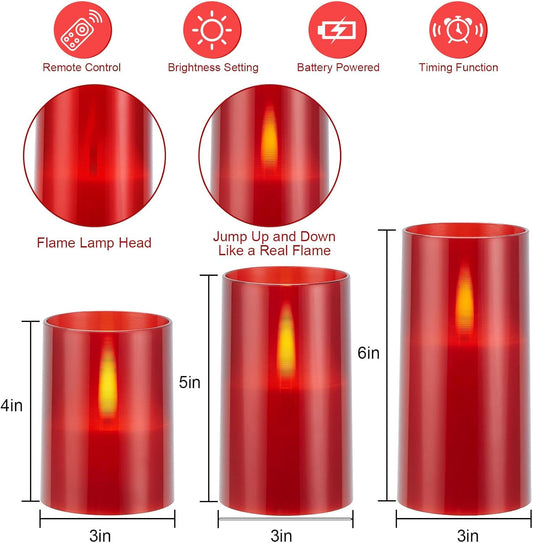 IMAGE Realistic Flickering Flameless LED Candles with Jumping Warm Yellow Flames, Upgraded Set Battery-Operated with Remote Timers, 3 Size Acrylic Candles (D 3" x H 4" 5" 6") (Red)