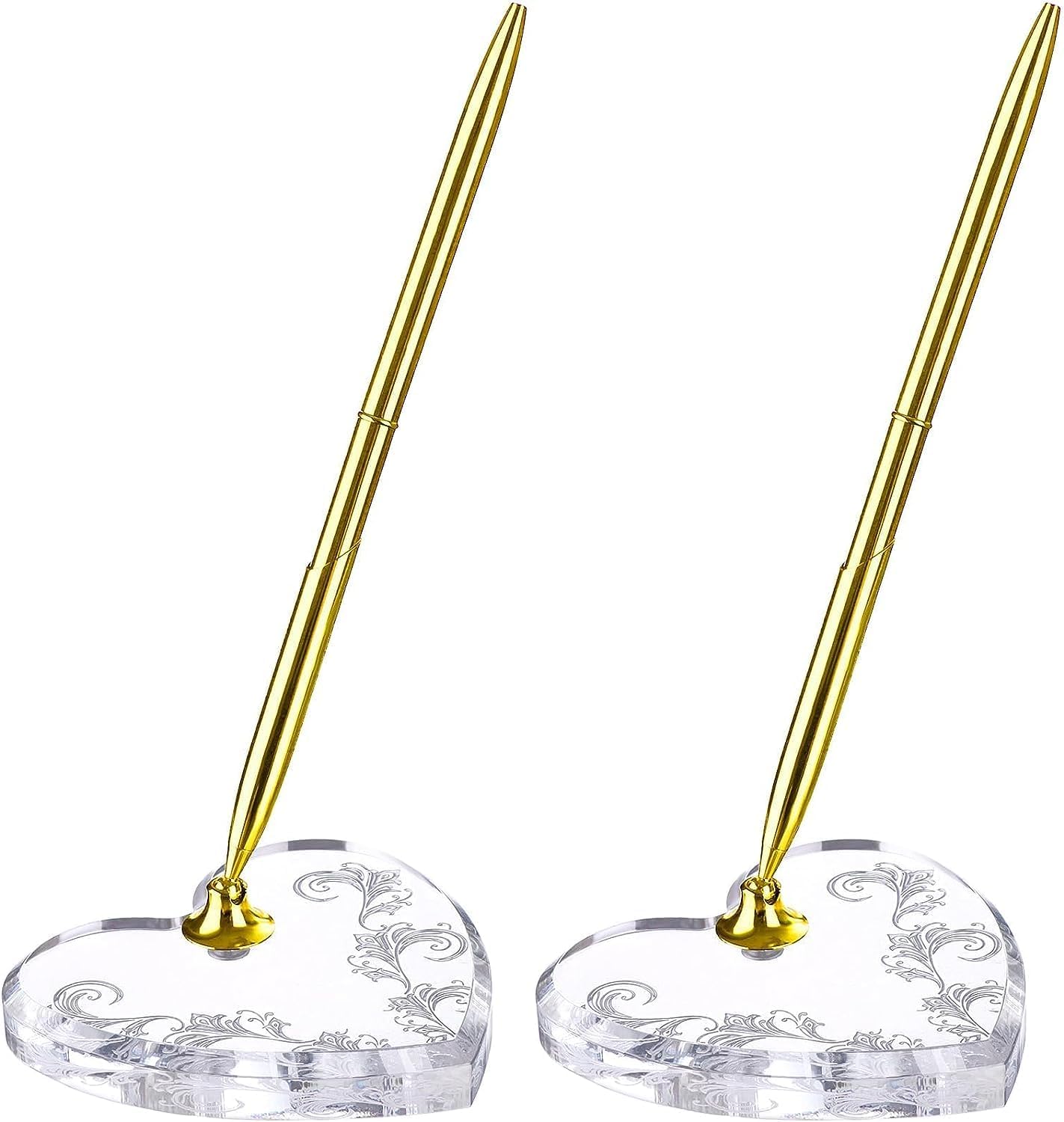 2 Sets Acrylic Heart Pen Holder With Ink Pens, Signing Set Guest Book Accessories For Wedding Bridal Engagement Favors Opening Ceremony Graduation Parties Office Transparent Pen Display Stand