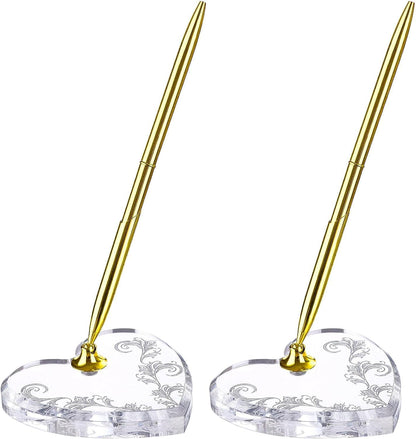 2 Sets Acrylic Heart Pen Holder With Ink Pens, Signing Set Guest Book Accessories For Wedding Bridal Engagement Favors Opening Ceremony Graduation Parties Office Transparent Pen Display Stand