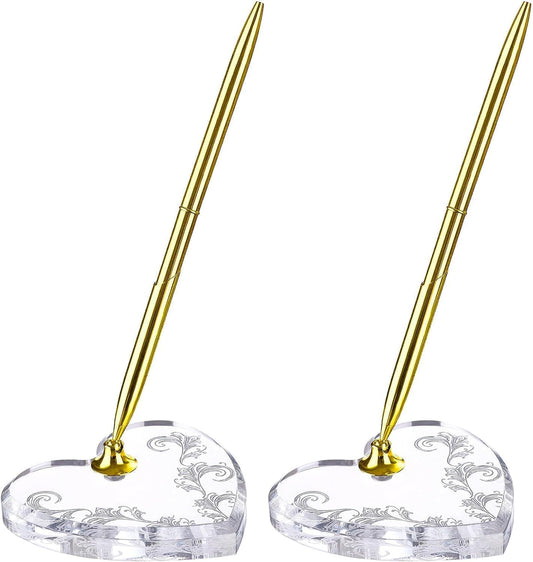 2 Sets Acrylic Heart Pen Holder With Ink Pens, Signing Set Guest Book Accessories For Wedding Bridal Engagement Favors Opening Ceremony Graduation Parties Office Transparent Pen Display Stand