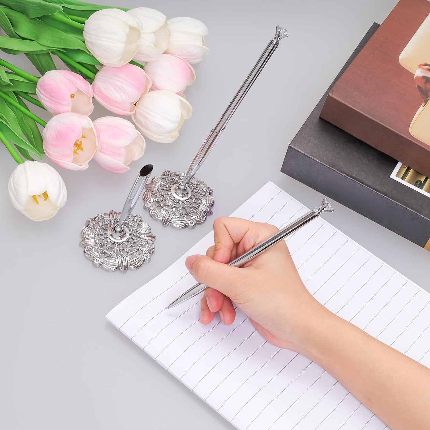 Bcxfbxd 2 Pcs Hollow Round Pen Holder with Diamond Metal Pen Stand Holder Set Signing Pen Set Signing Desk Ballpoint Pens for Guest Book Wedding Birthday Graduation Teacher Office Business (Gold)