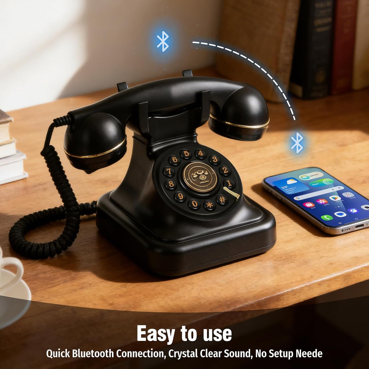 Retro Bluetooth Landline Phone with Voice Assistant, Compatible with Android & iOS, Wireless Home Telephone with Volume Control, USB Rechargeable, Black