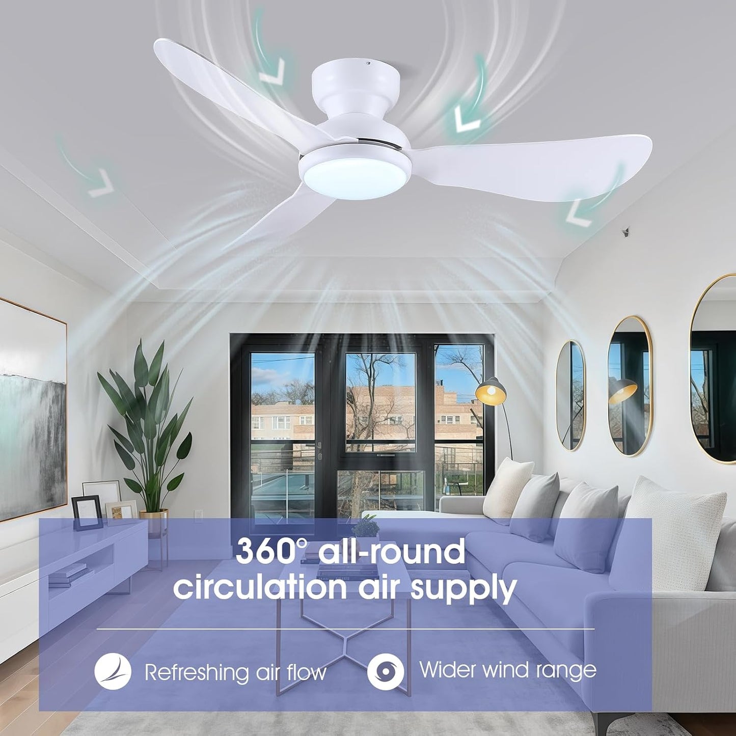 Kviflon 46 Inch Modern Ceiling Fans with Lights, Flush Mount Ceiling Fan with Remote/APP Control, 3 Reversible Curved Blades, 6 Speeds, 3 CCT, Dimmable Lights for Kids Room Bedroom, White