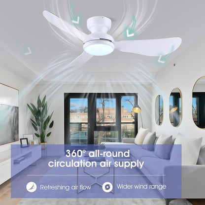 Kviflon 46 Inch Modern Ceiling Fans with Lights, Flush Mount Ceiling Fan with Remote/APP Control, 3 Reversible Curved Blades, 6 Speeds, 3 CCT, Dimmable Lights for Kids Room Bedroom, White