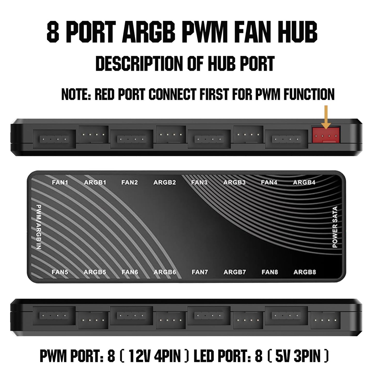 ARGB PWM Fan Hub, Addressable 5V-3PIN ARGB 12V 4PIN PWM 2-in-1 RGB Case Fan Hub SATA Power Input, 9 Fan Port and 9 LED Port, PC Fan hub Support 9 Computer ARGB PWM Fans Splitter