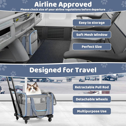 UNICITII Pets Carrier for Small Cat, Dog Medium Cats Puppies up to 20 Lbs, Airline Approved Carrier Soft Sided, Collapsible Travel Puppy Carrier (Grey-with Wheels)