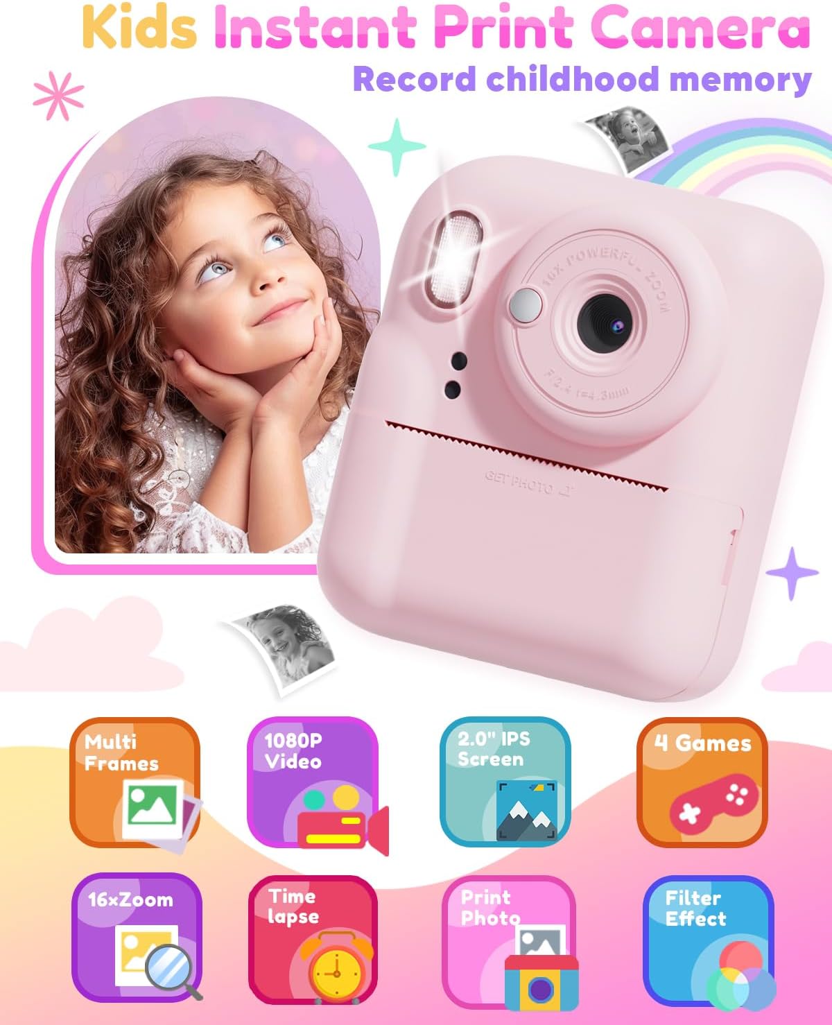 Pussan Kids Camera Instant Print, 1080P Instant Print Camera Toys for 3-12 Year Old Girls, Christmas Birthday Gifts for Age 3 4 5 6 7 Girls, Kids Digital Camera Toys with 3 Rolls Print Paper-Pink