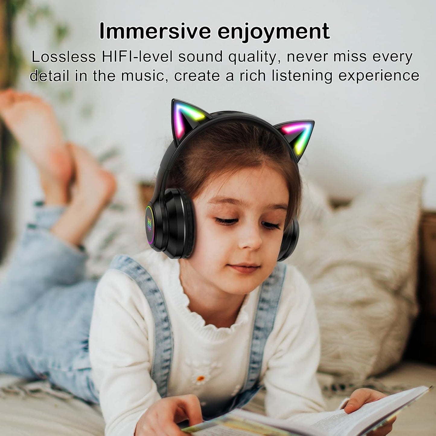 Bluetooth Cat Ear Headphones for Kids & Adults, Wireless Wired Dual Channel, SIMGAL Foldable Over-ear Headsets with RGB Lights, Control Volume & Built-in Mic, For Cell Phones/PC/Tablet/Laptop (A Pink)