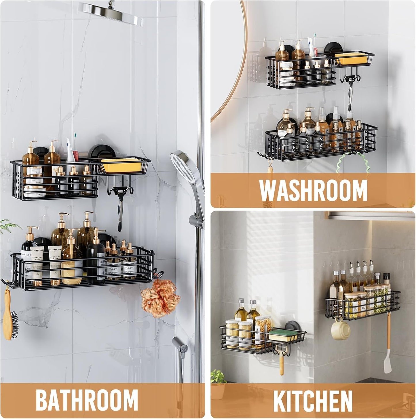 LEVERLOC Shower Caddy Suction Cup, 2 Pack Black Shower Shelf with Hooks and Soap Holder, NO-Drilling Bathroom Organizer, Rustproof Metal Bathroom Storage and Organization