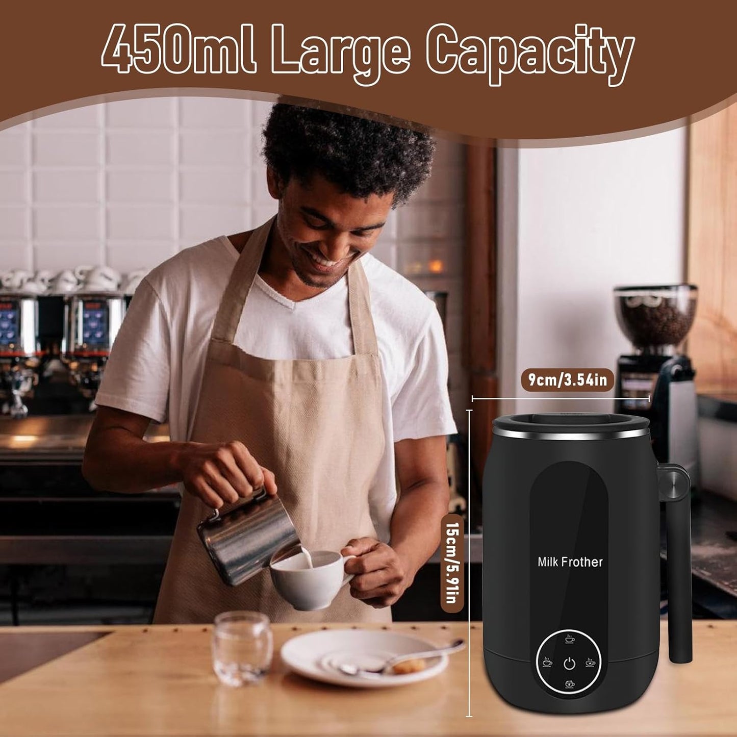 Milk Frother, 4 in 1 Frother for Coffee, 450ML Automatic Hot and Cold Foam Maker and Milk Warmer with 45 Degree Foldable Handle for Coffee, Latte, Hot Chocolate
